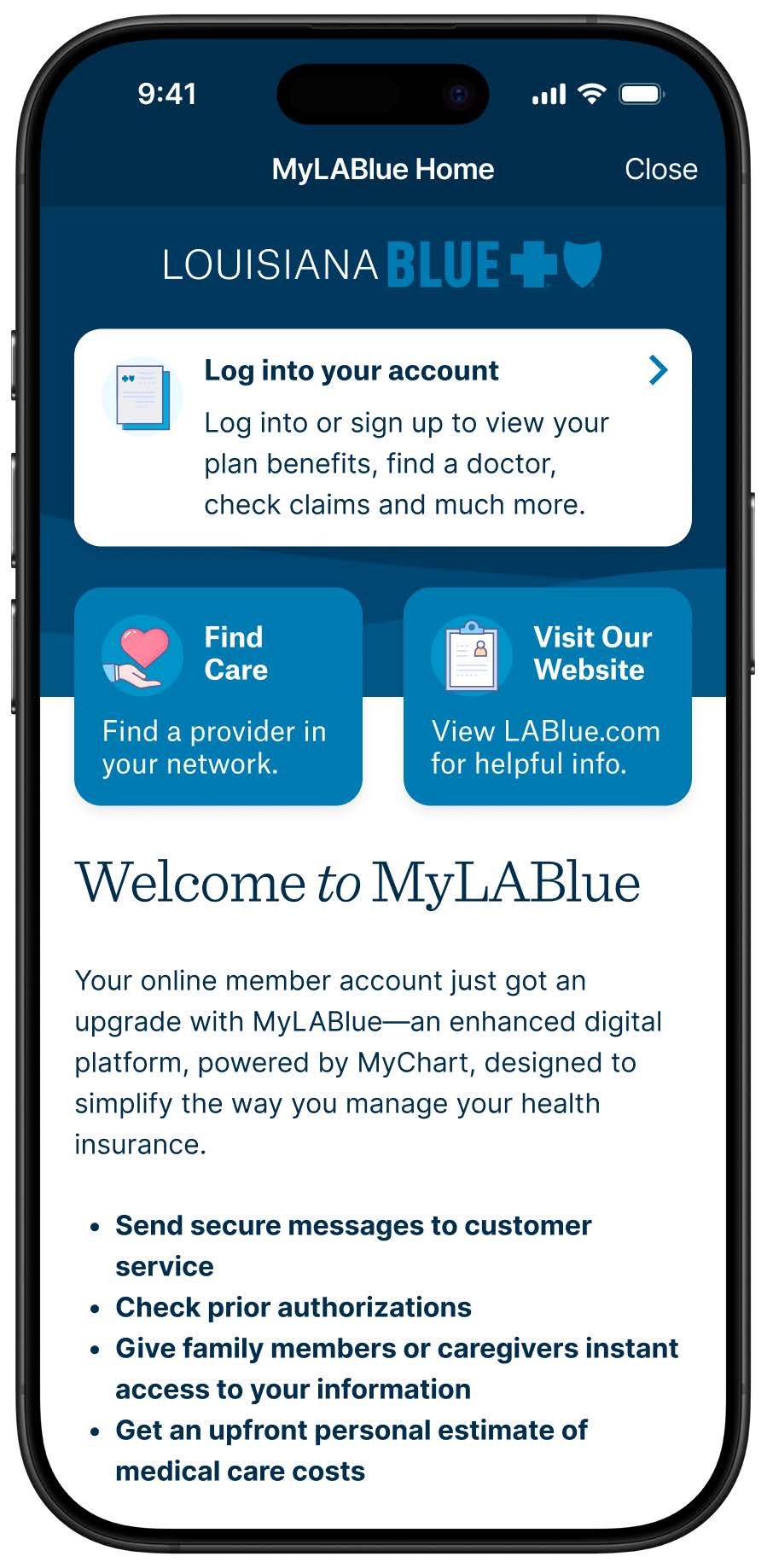 Screenshot of MyLABlue app